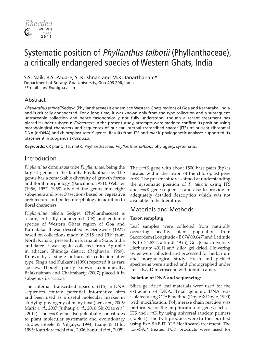 Systematic Position of Phyllanthus Talbotii (Phyllanthaceae), a Critically Endangered Species of Western Ghats, India