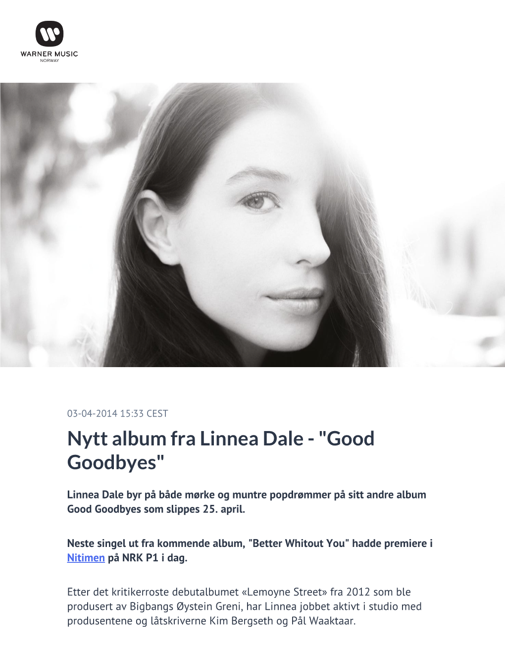 Nytt Album Fra Linnea Dale - "Good Goodbyes"