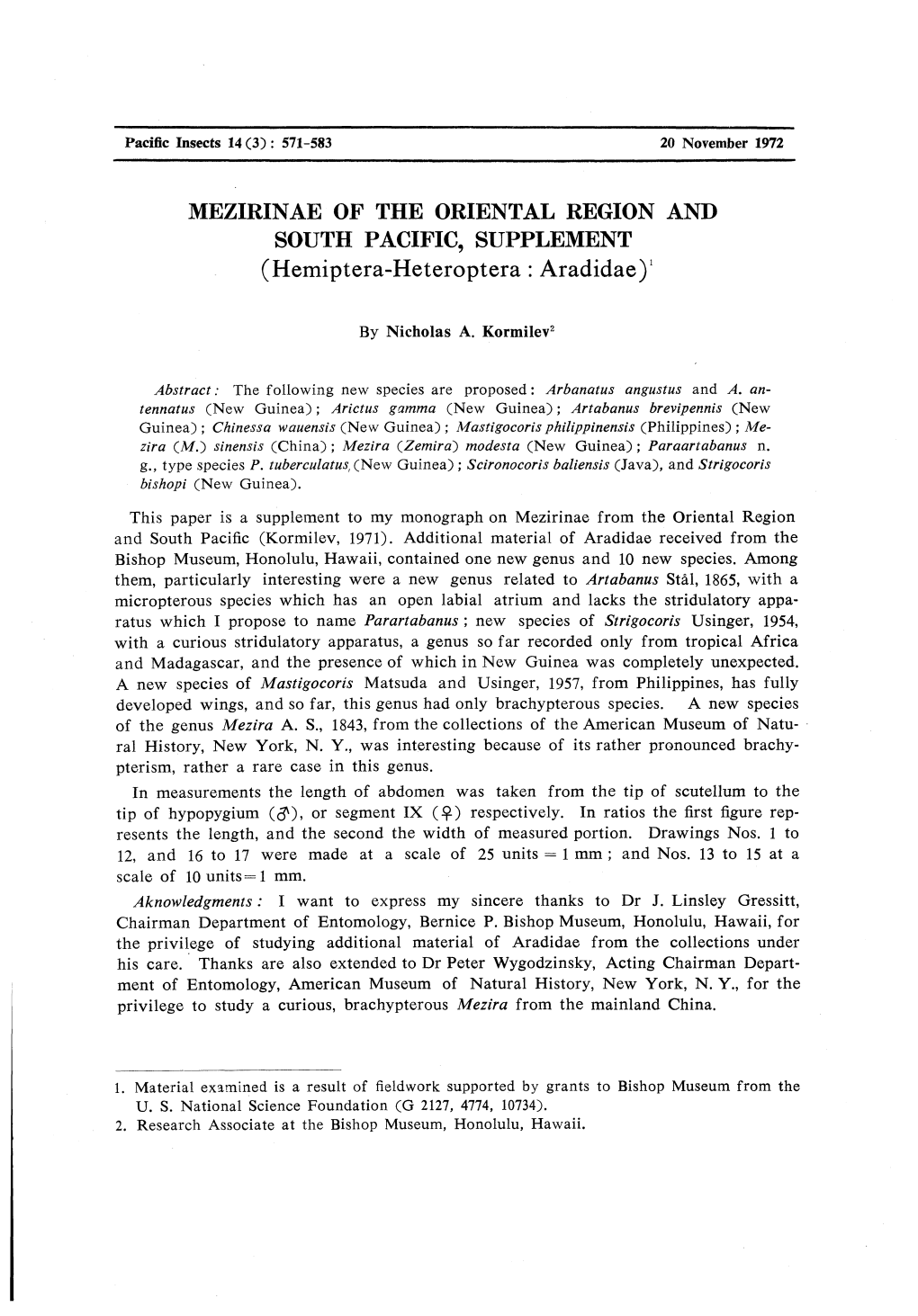 MEZIRINAE of the ORIENTAL REGION and SOUTH PACIFIC, SUPPLEMENT (Hemiptera-Heteroptera : Aradidae)1