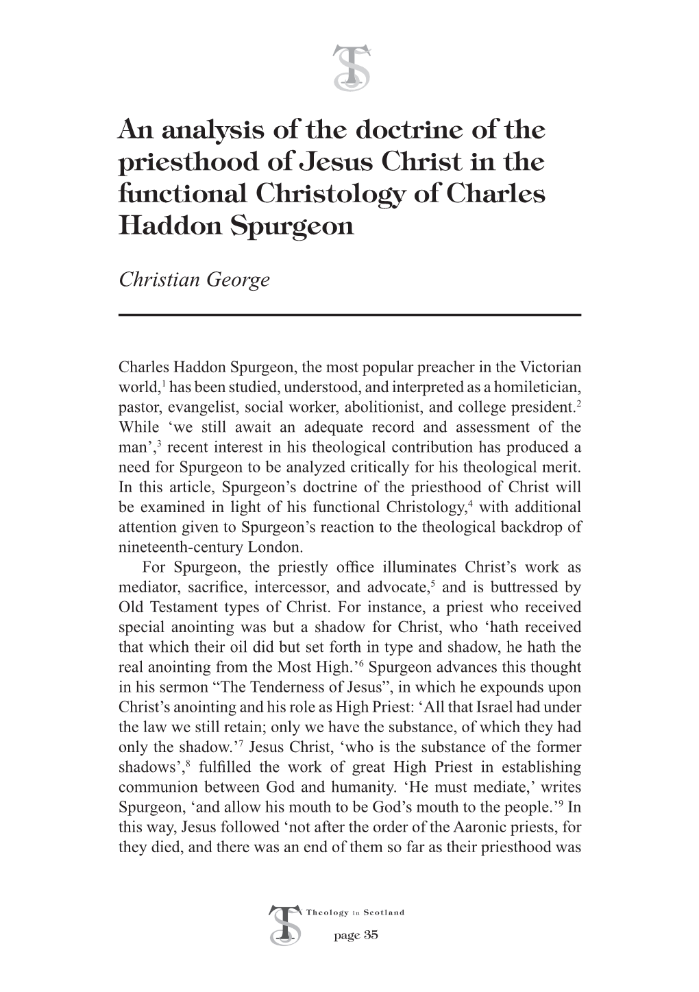 An Analysis of the Doctrine of the Priesthood of Jesus Christ in the Functional Christology of Charles Haddon Spurgeon