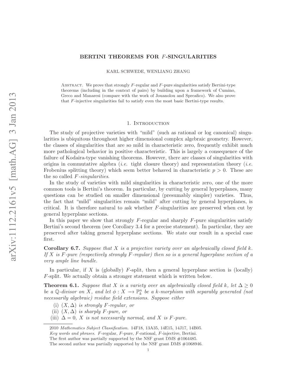 Arxiv:1112.2161V5 [Math.AG] 3 Jan 2013 Rgn Ncmuaieagba( Algebra Commutative Ther However, in Theorems