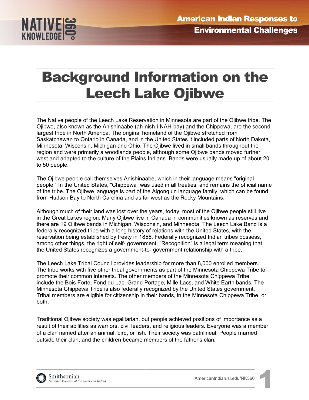 Background Information on the Leech Lake Ojibwe