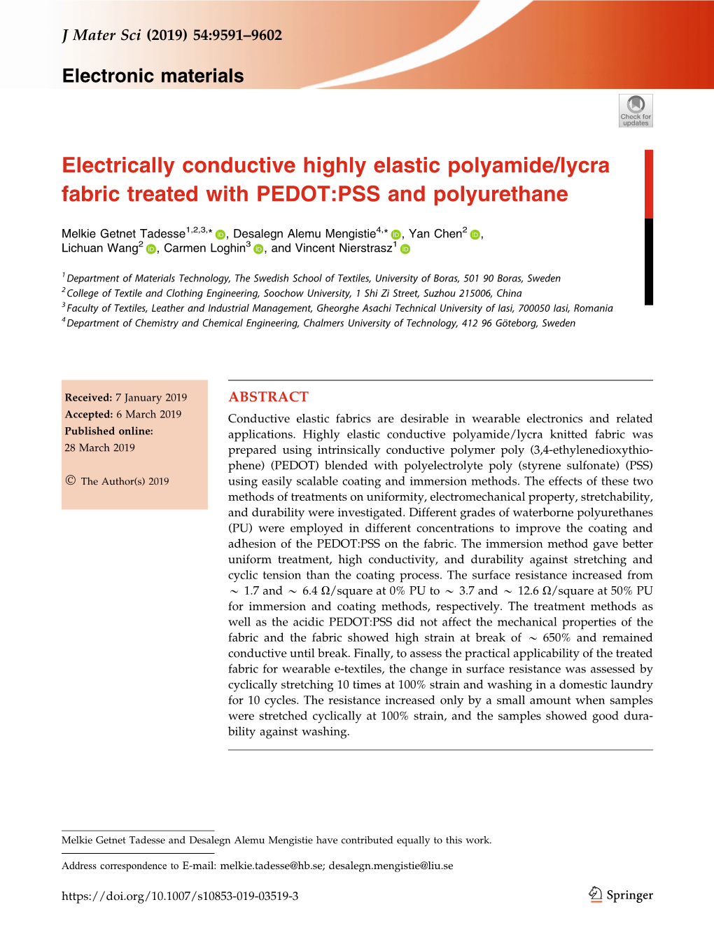 Electrically Conductive Highly Elastic Polyamide/Lycra Fabric Treated with PEDOT:PSS and Polyurethane