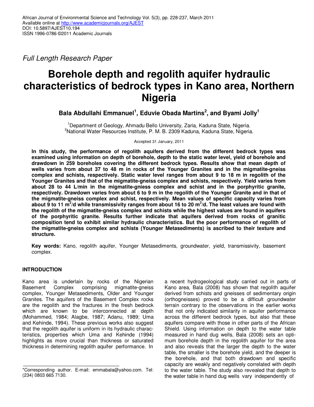 Borehole Depth and Regolith Aquifer Hydraulic Characteristics of Bedrock Types in Kano Area, Northern Nigeria