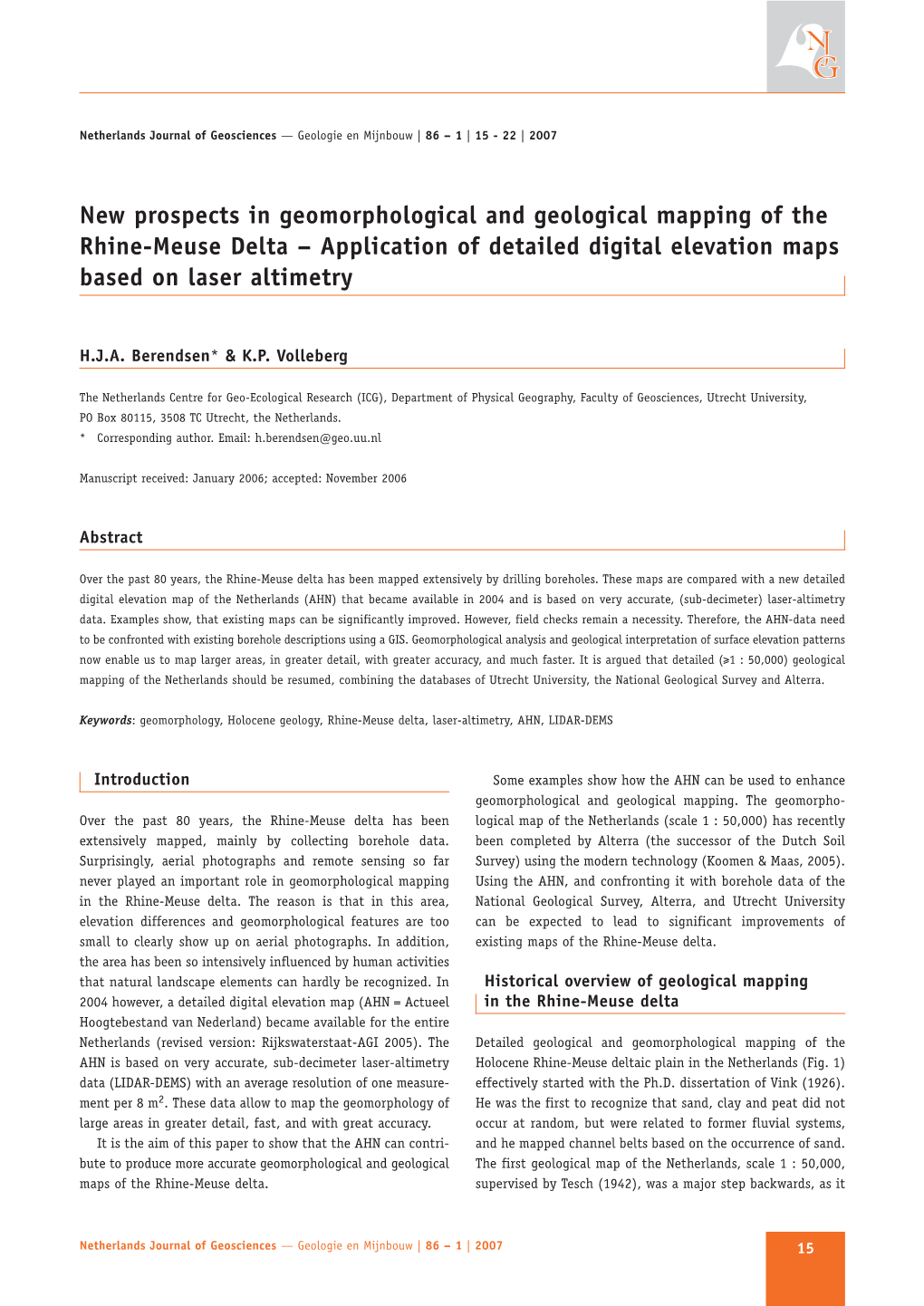 New Prospects in Geomorphological and Geological Mapping of the Rhine-Meuse Delta – Application of Detailed Digital Elevation Maps Based on Laser Altimetry