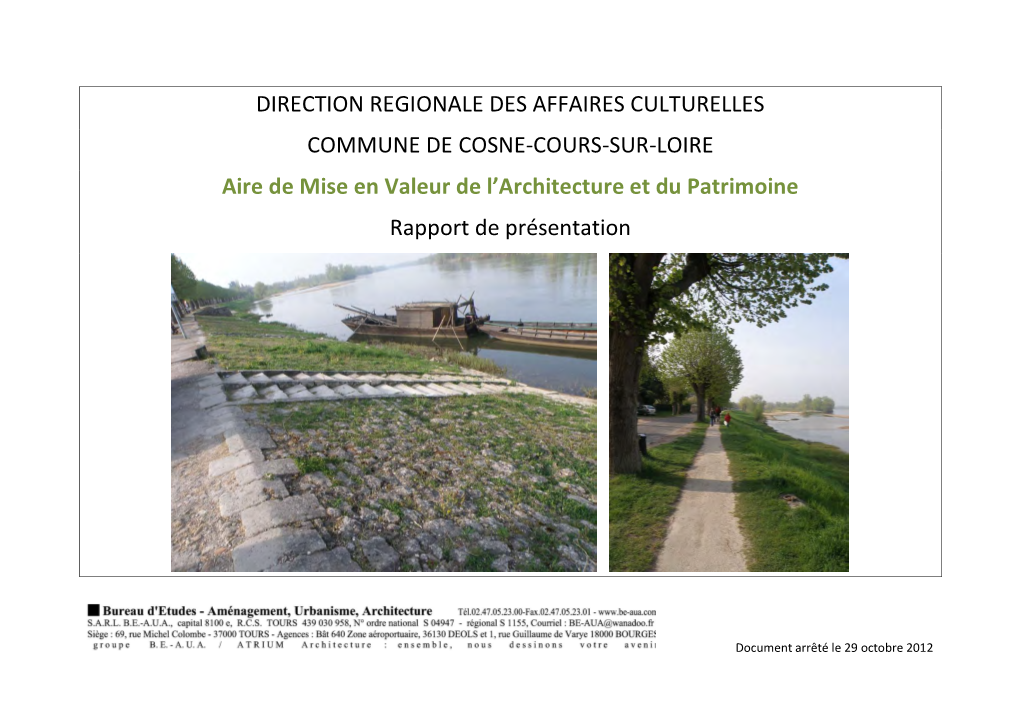DIRECTION REGIONALE DES AFFAIRES CULTURELLES COMMUNE DE COSNE-COURS-SUR-LOIRE Aire De Mise En Valeur De L'architecture Et Du P