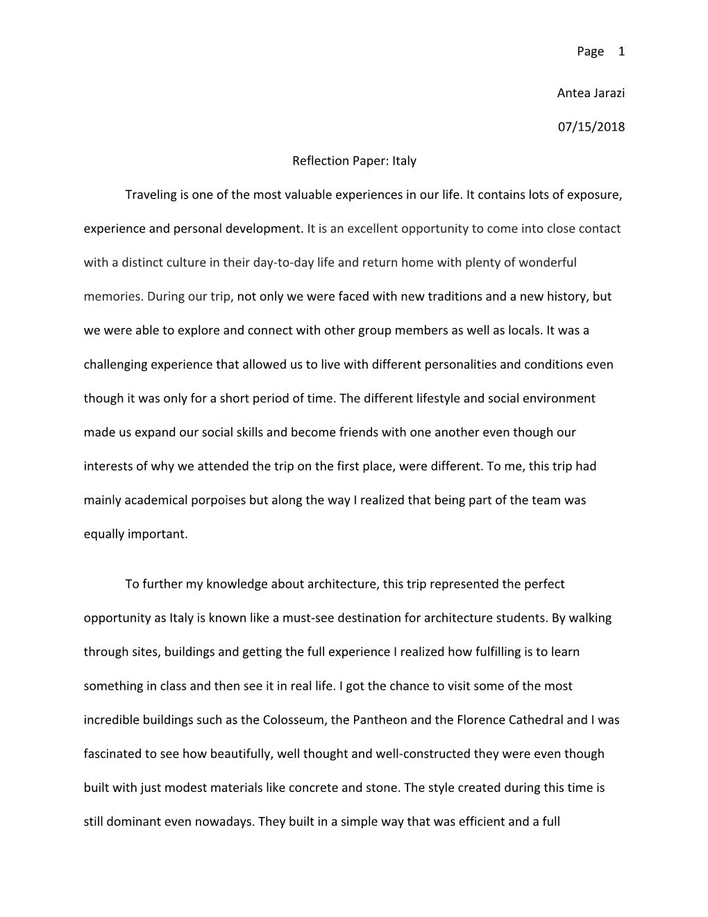 Page 1 Antea Jarazi 07/15/2018 Reflection Paper: Italy Traveling Is