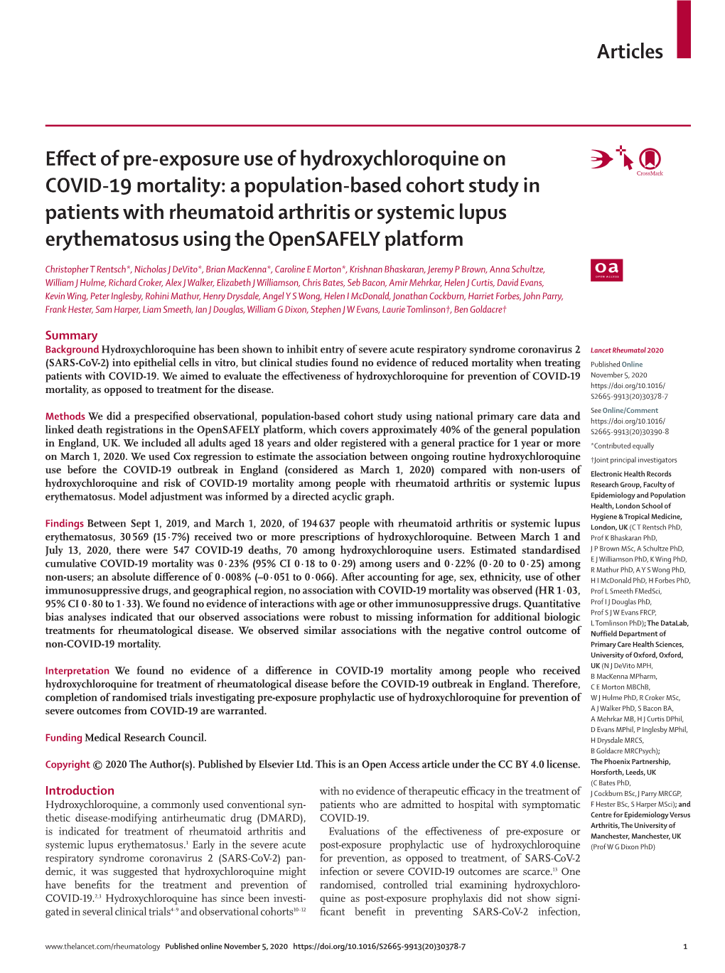 Effect of Pre-Exposure Use of Hydroxychloroquine on COVID-19