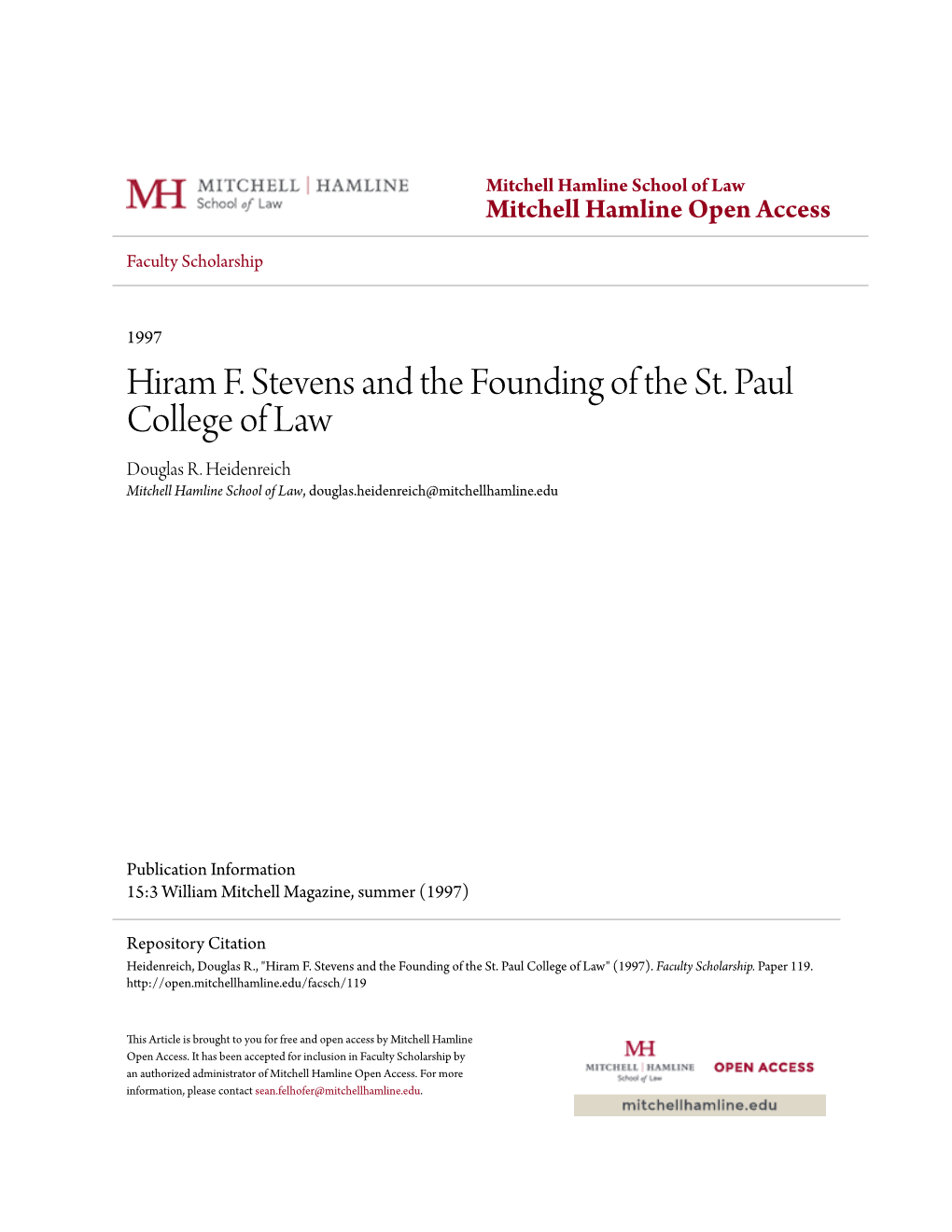 Hiram F. Stevens and the Founding of the St. Paul College of Law Douglas R