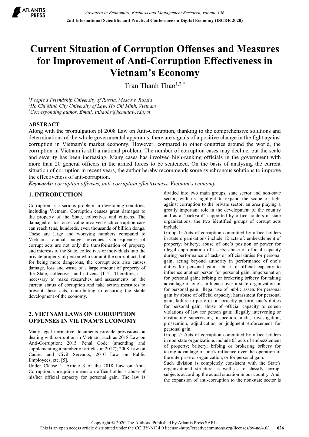 Current Situation of Corruption Offenses and Measures for Improvement of Anti-Corruption Effectiveness in Vietnam’S Economy Tran Thanh Thao1,2,*