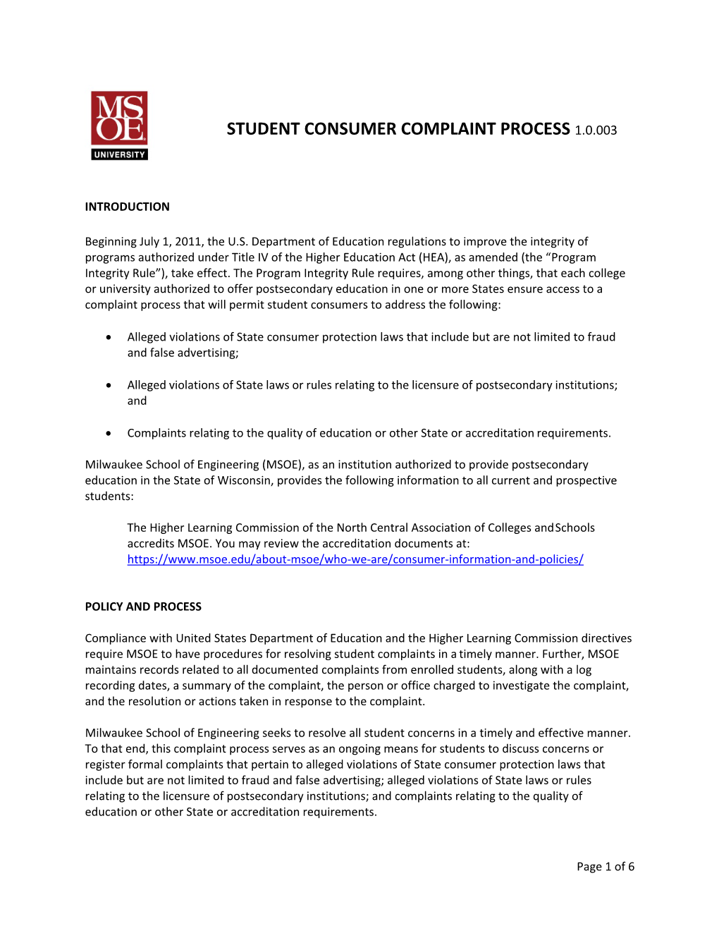 Student Complaint Process