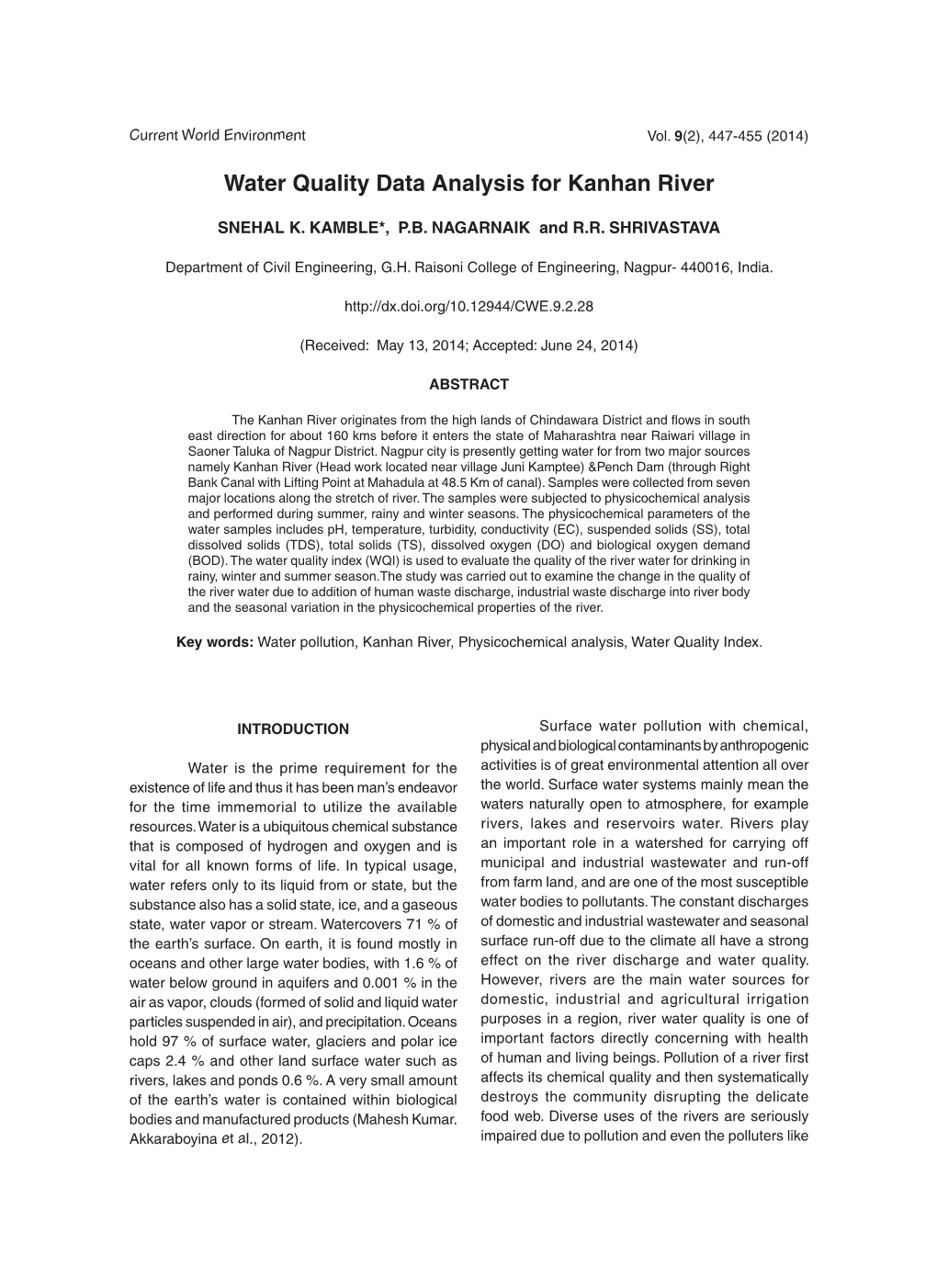 Water Quality Data Analysis for Kanhan River