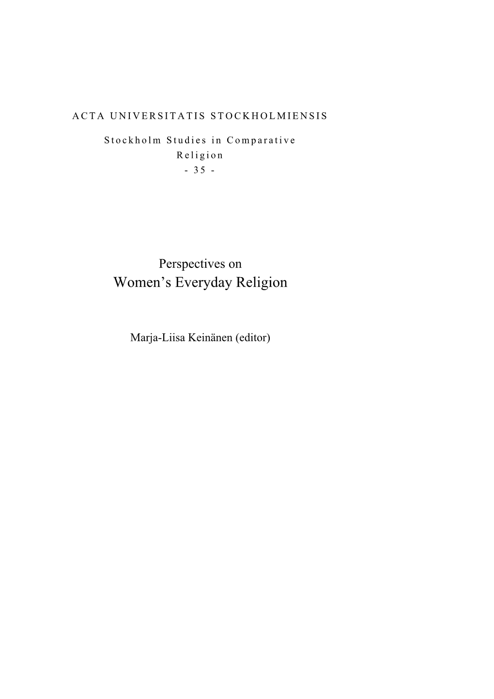 Perspectives on Women’S Everyday Religion