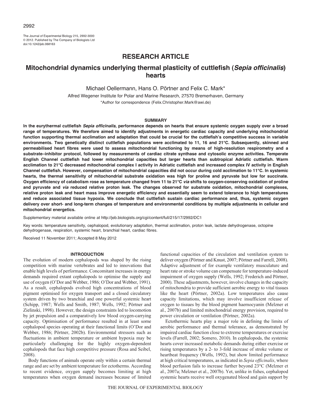 RESEARCH ARTICLE Mitochondrial Dynamics Underlying Thermal Plasticity of Cuttlefish (Sepia Officinalis) Hearts
