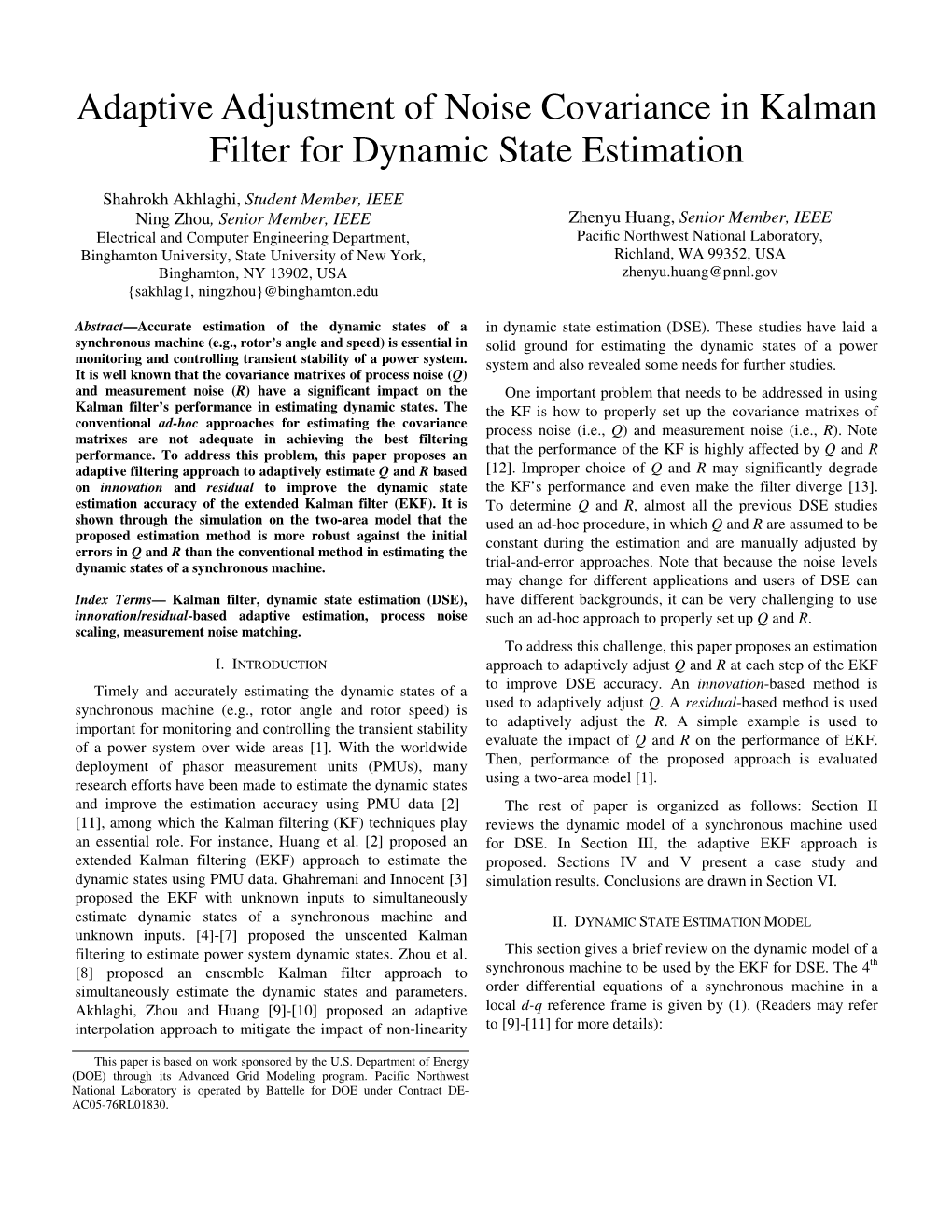 Adaptive Adjustment of Noise Covariance in Kalman Filter for Dynamic State Estimation