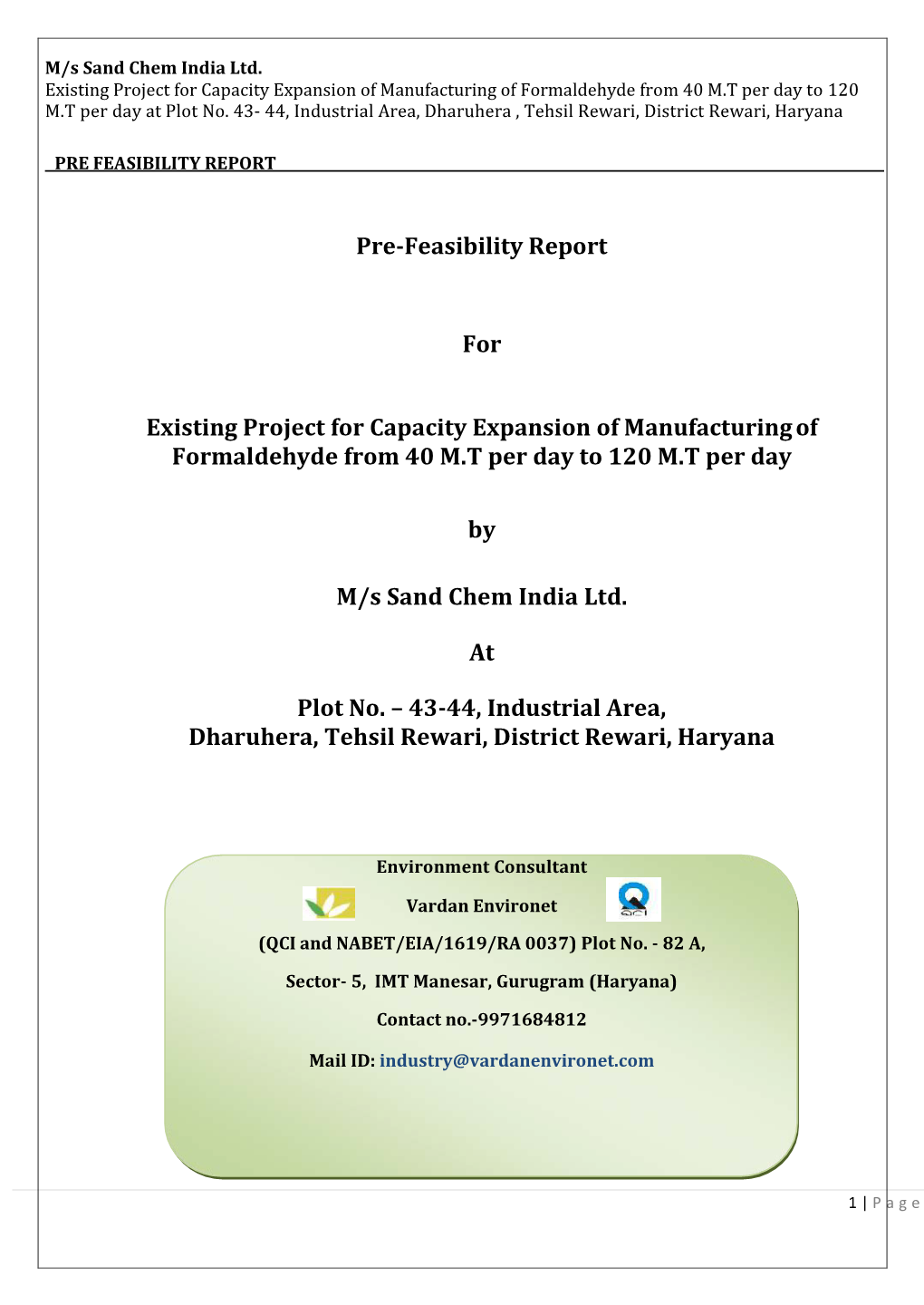 Pre-Feasibility Report for Existing Project for Capacity Expansion Of