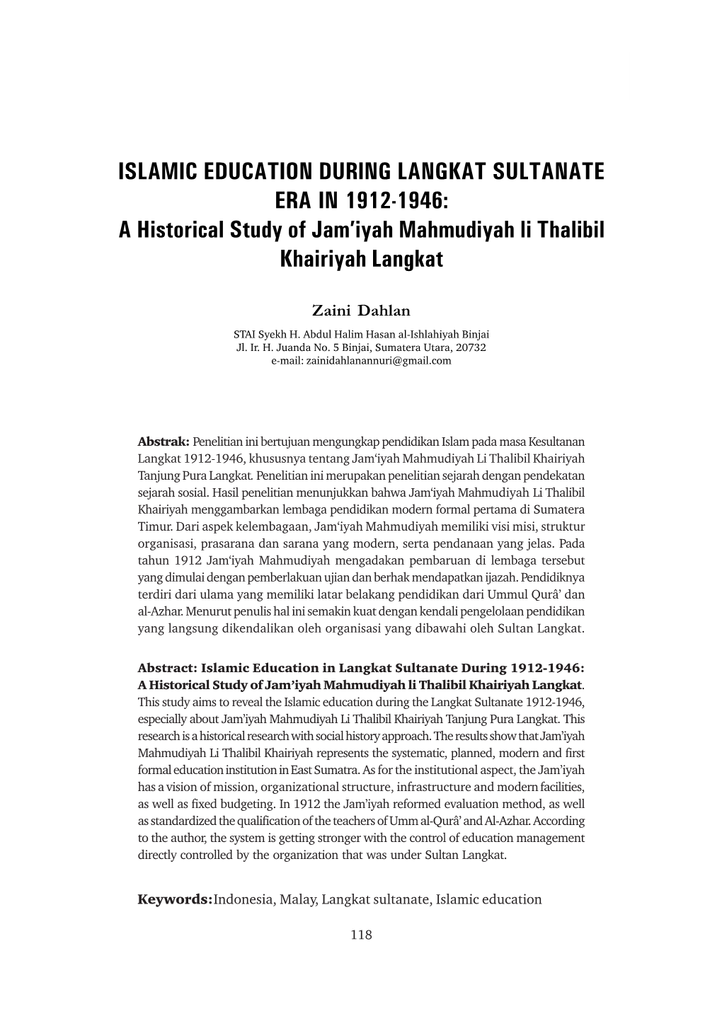 ISLAMIC EDUCATION DURING LANGKAT SULTANATE ERA in 1912-1946: a Historical Study of Jam’Iyah Mahmudiyah Li Thalibil Khairiyah Langkat