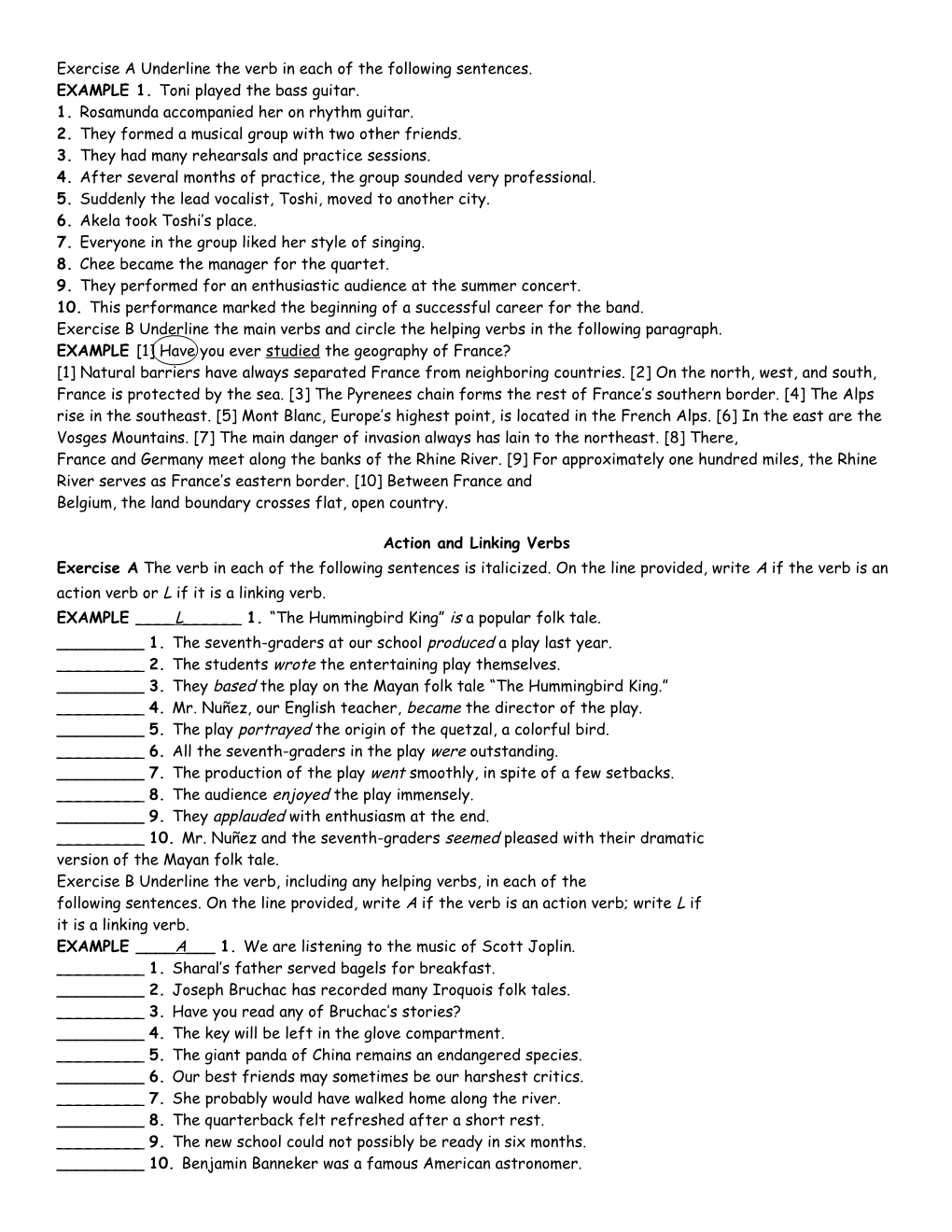 Exercise a Underline the Verb in Each of the Following Sentences