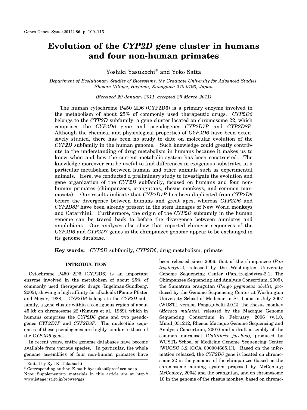 Evolution of the CYP2D Gene Cluster in Humans and Four Non-Human Primates