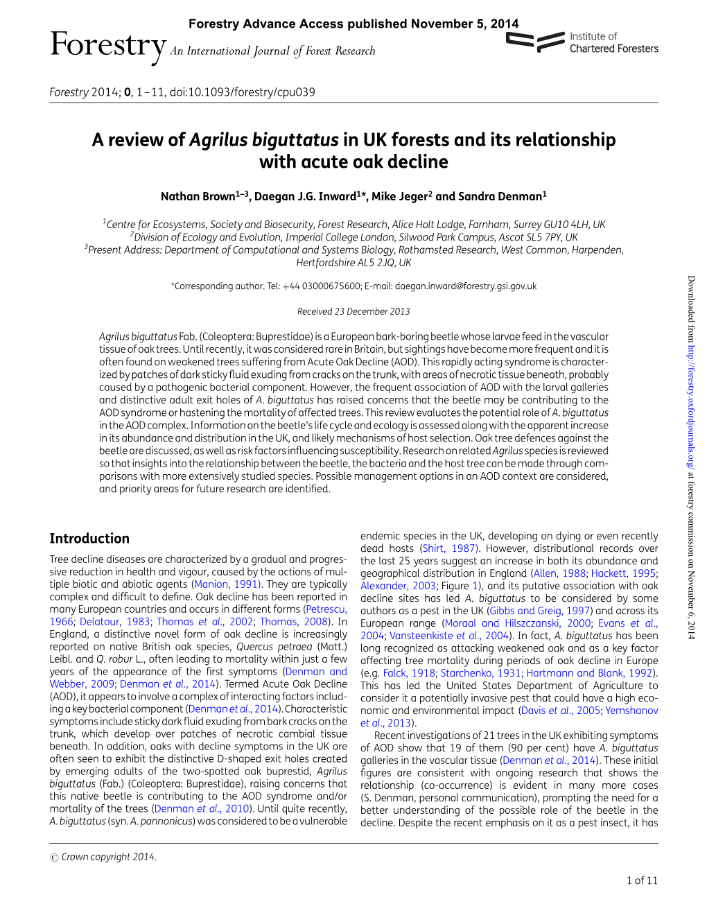 A Review of Agrilus Biguttatus in UK Forests and Its Relationship with Acute Oak Decline