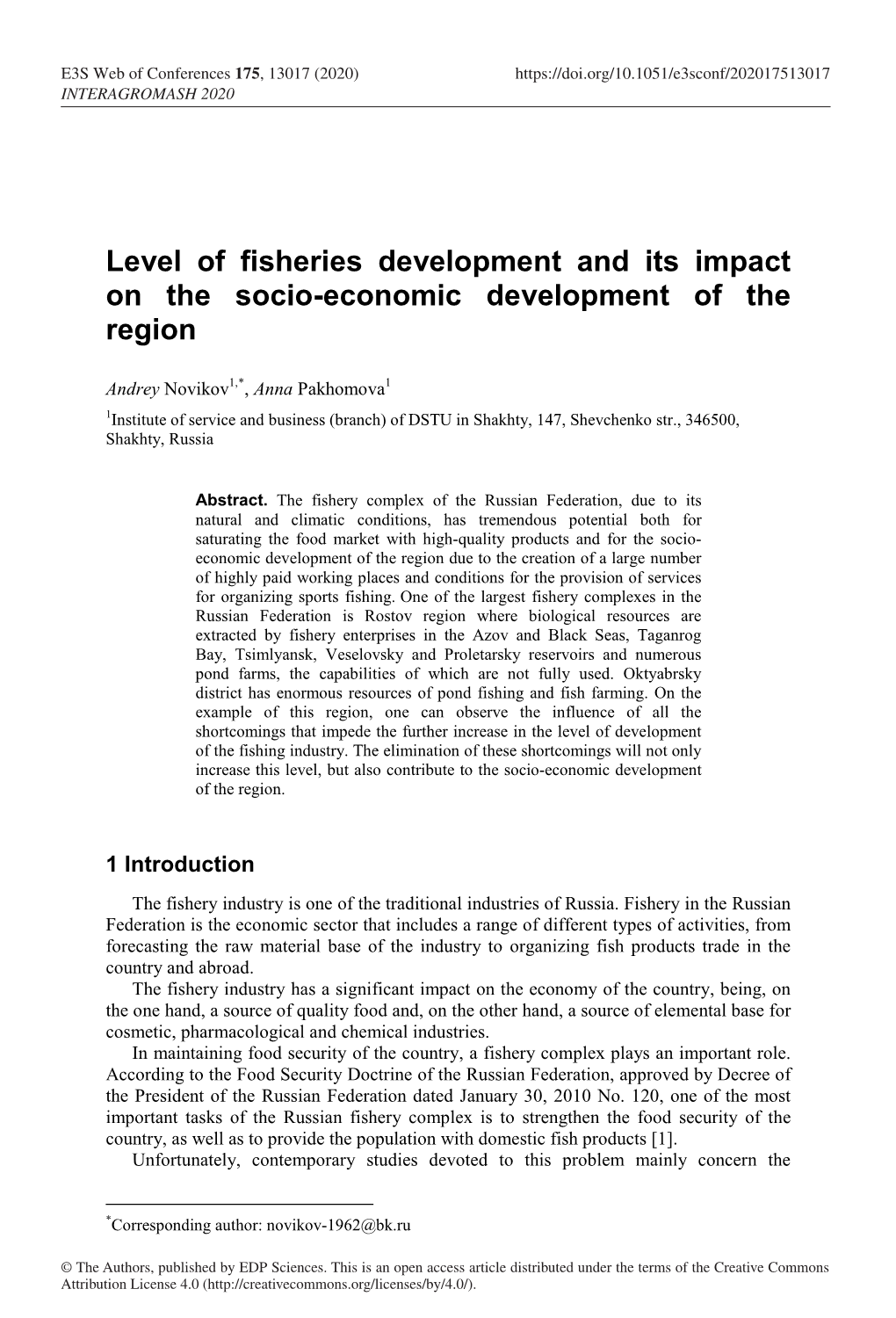 Level of Fisheries Development and Its Impact on the Socio-Economic Development of the Region