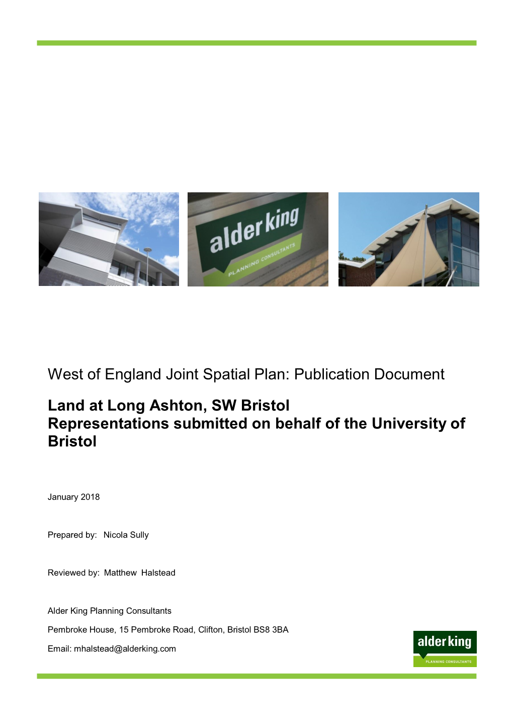 West of England Joint Spatial Plan: Publication Document Land at Long Ashton, SW Bristol Representations Submitted on Behalf Of