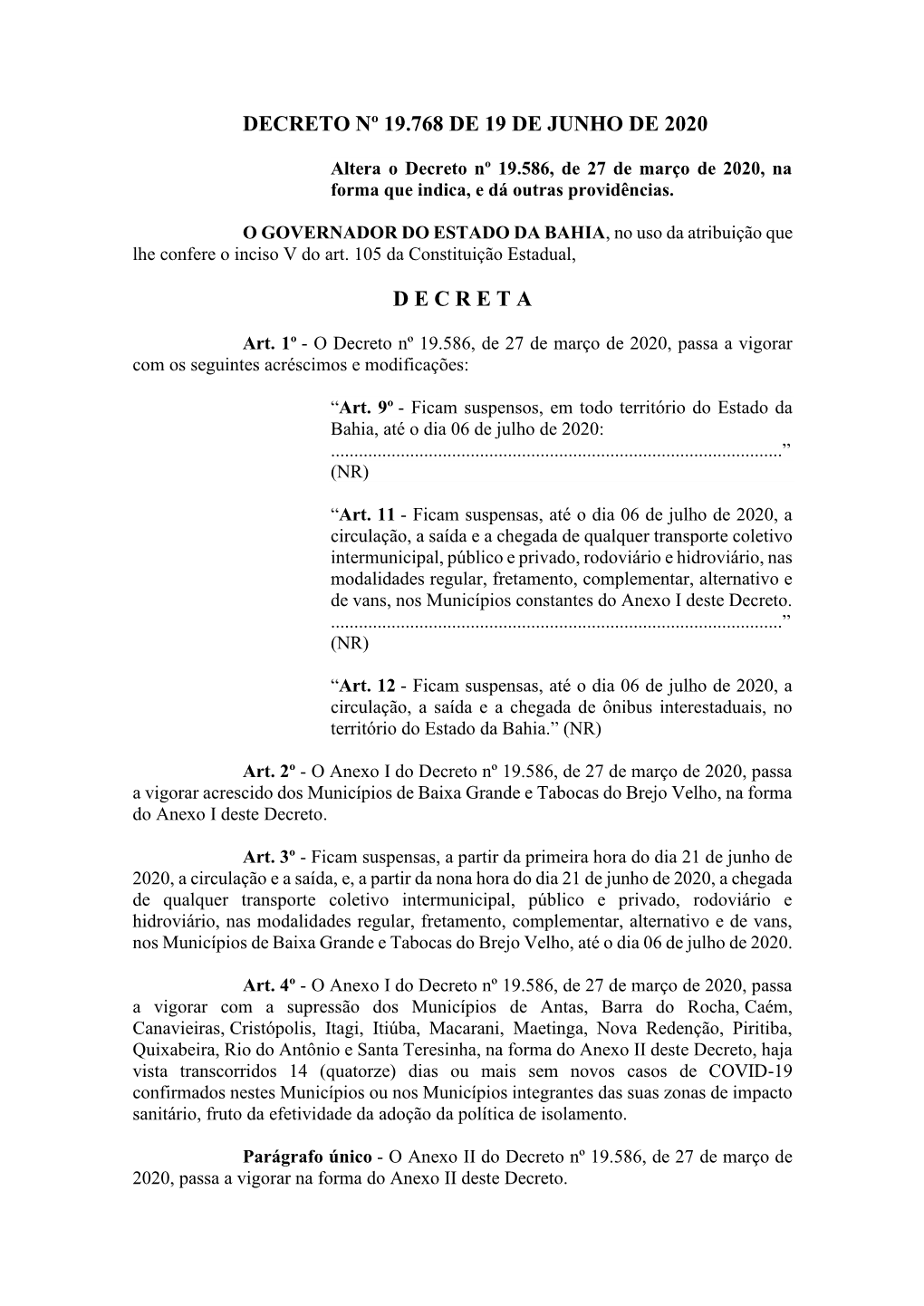 Decreto Nº 19.768 De 19 De Junho De 2020