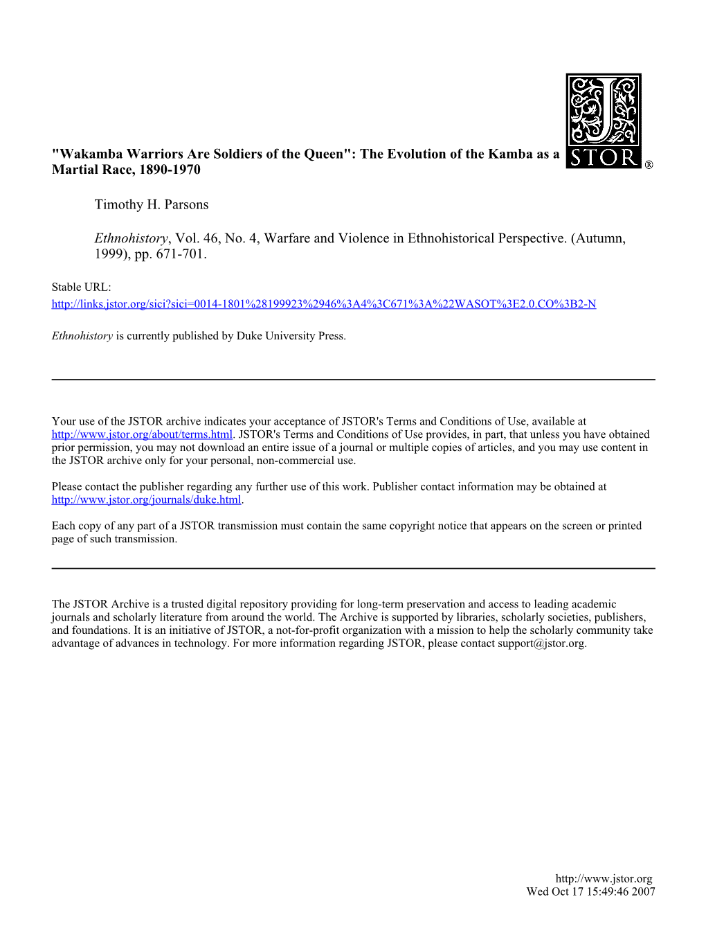 "Wakamba Warriors Are Soldiers of the Queen": the Evolution of the Kamba As a Martial Race, 1890-1970