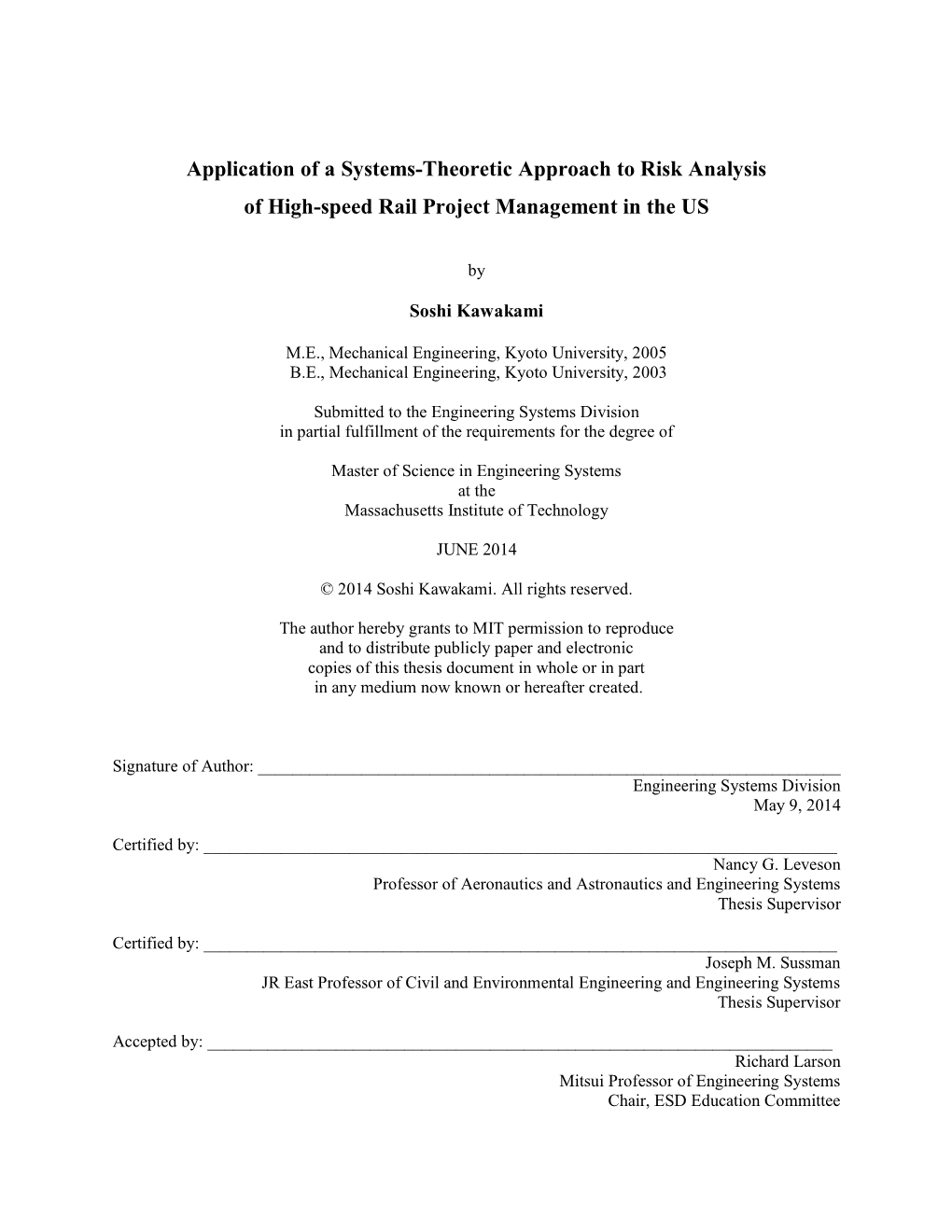 Application of a Systems-Theoretic Approach to Risk Analysis of High-Speed Rail Project Management in the US