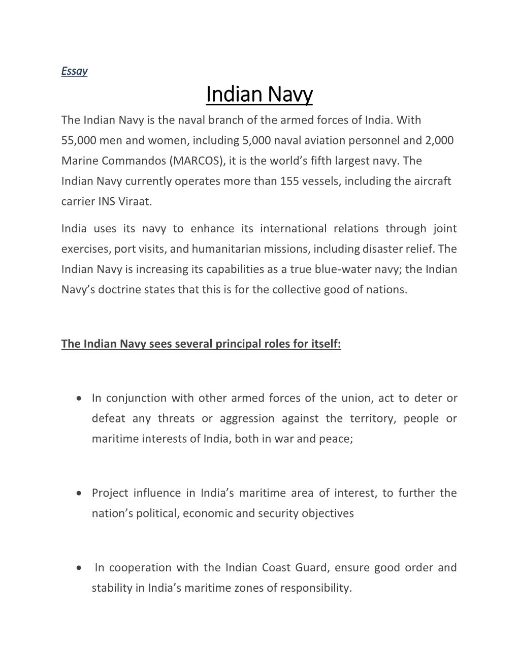 Indian Navy the Indian Navy Is the Naval Branch of the Armed Forces of India