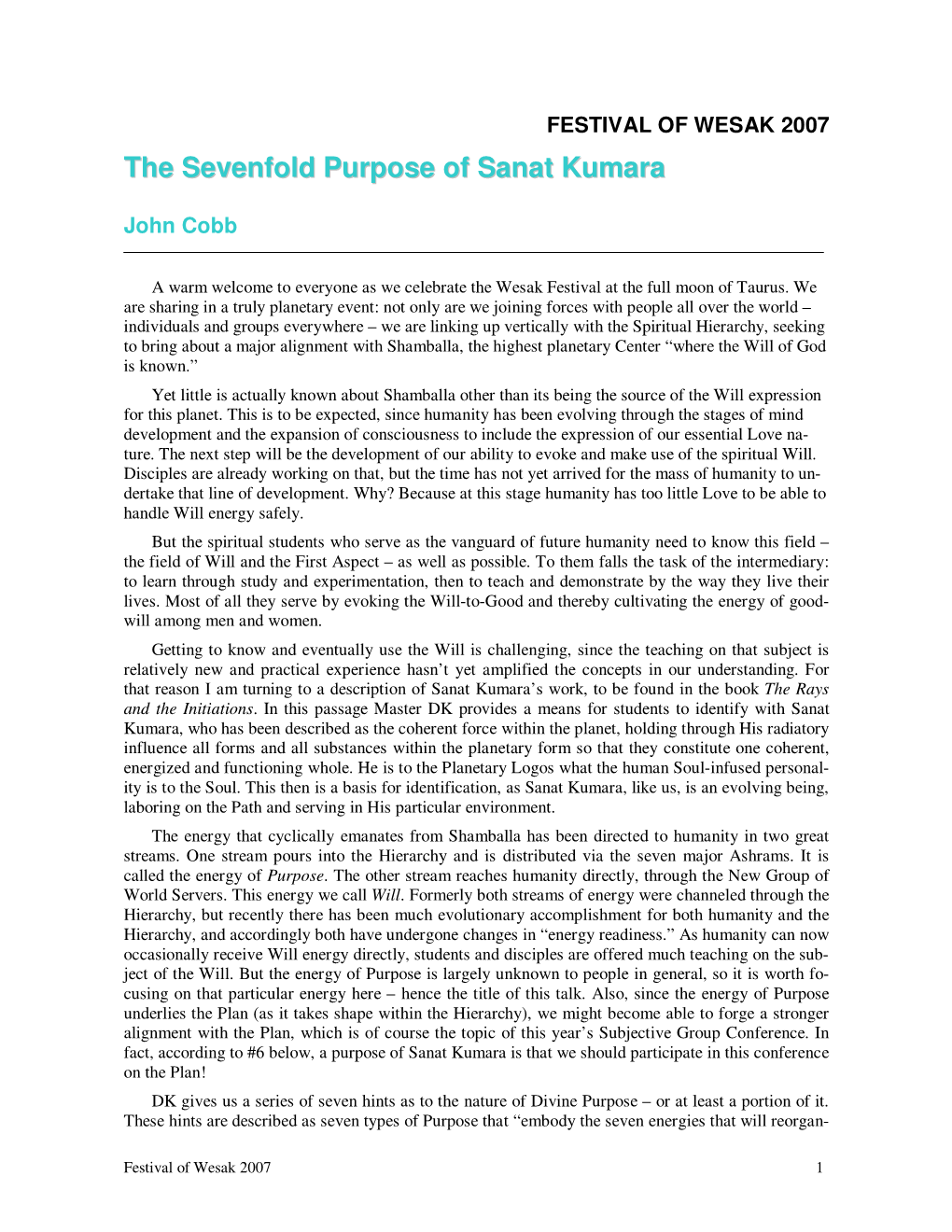 The Sevenfold Purpose of Sanat Kumara