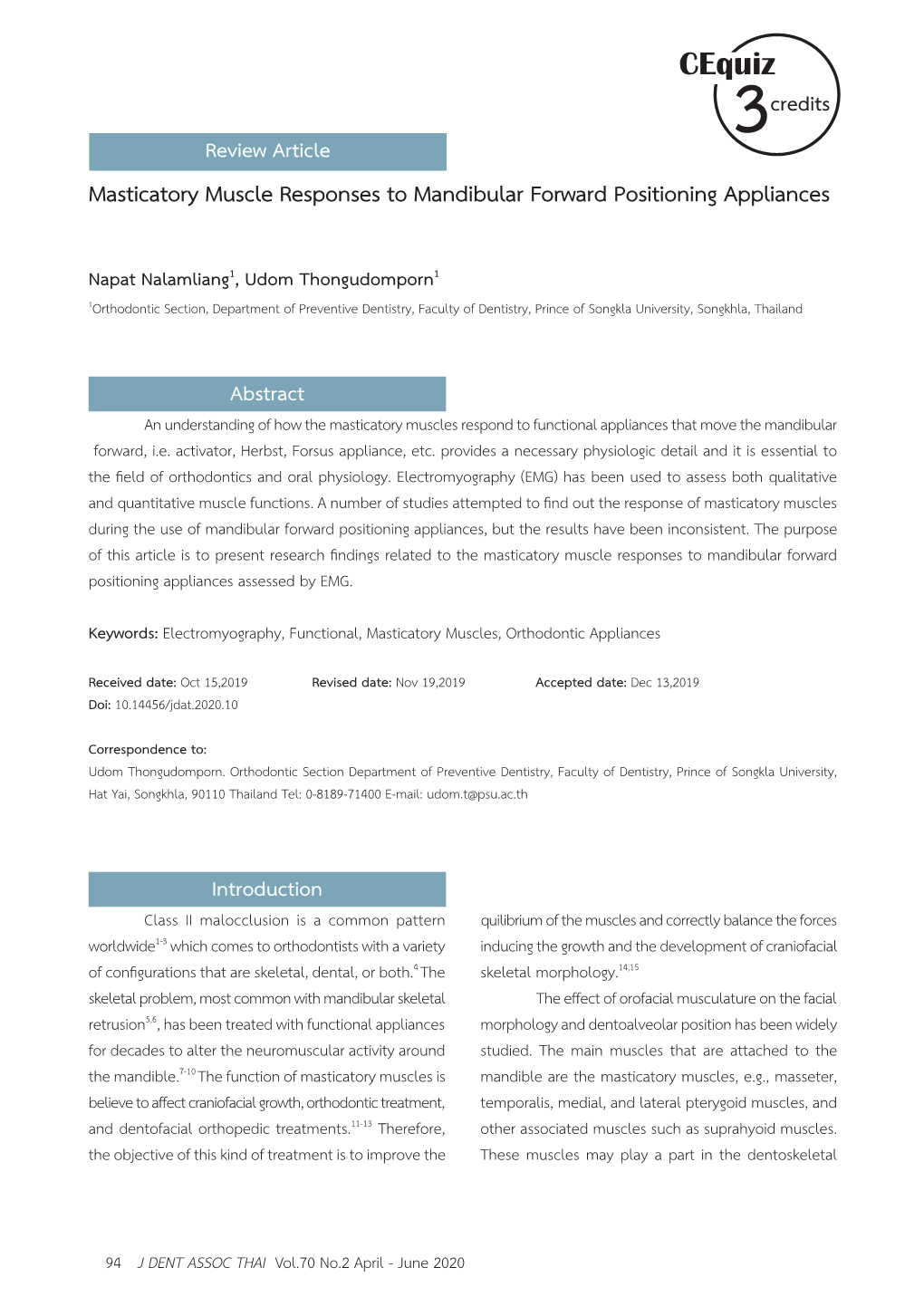 Cequiz Credits Review Article 3 Masticatory Muscle Responses to Mandibular Forward Positioning Appliances