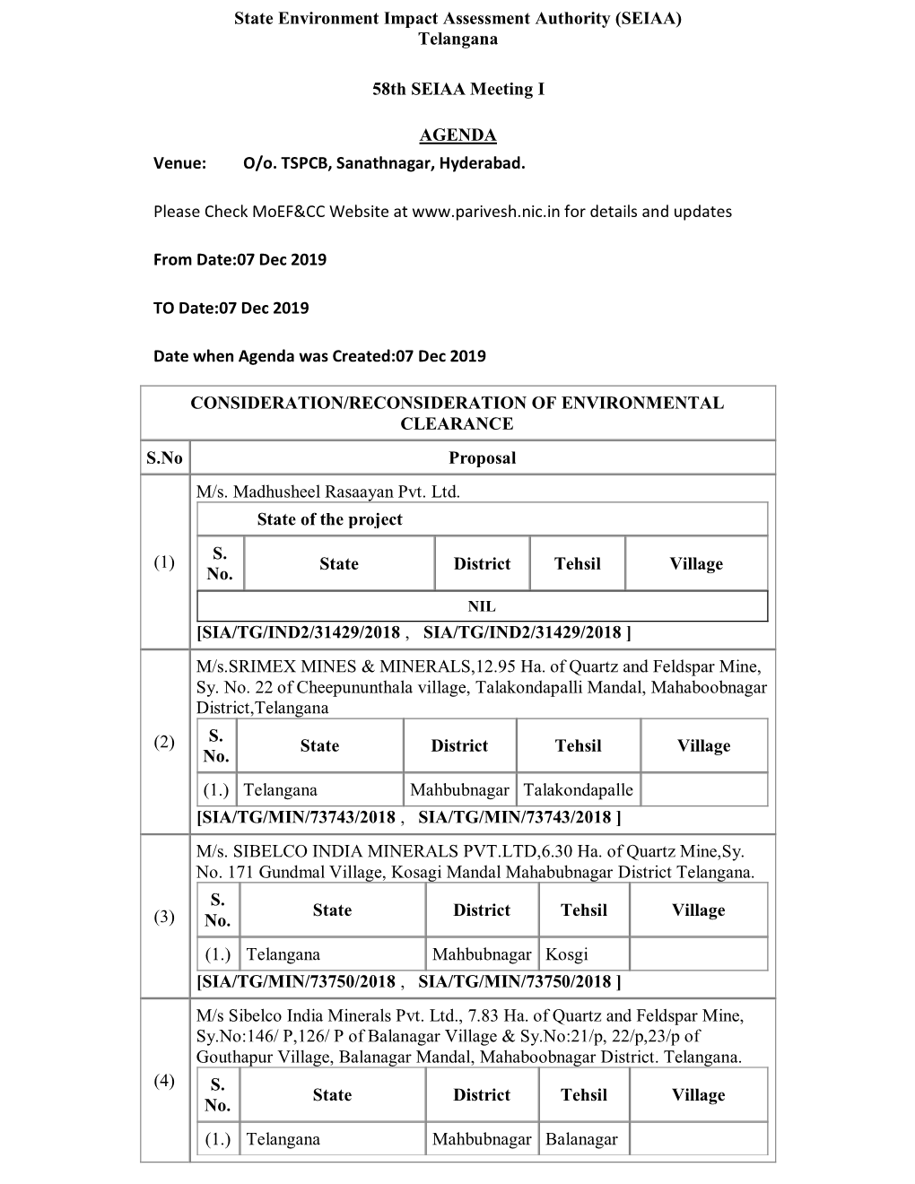 Telangana 58Th SEIAA Meeting I AGENDA Venue