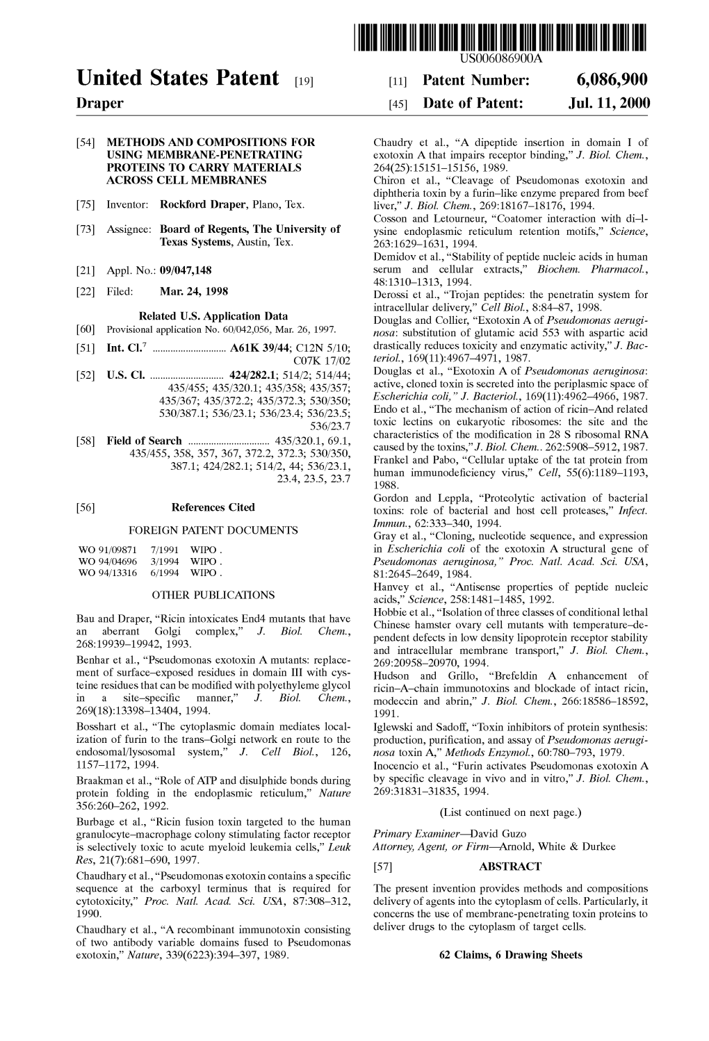 United States Patent (19) 11 Patent Number: 6,086,900 Draper (45) Date of Patent: Jul