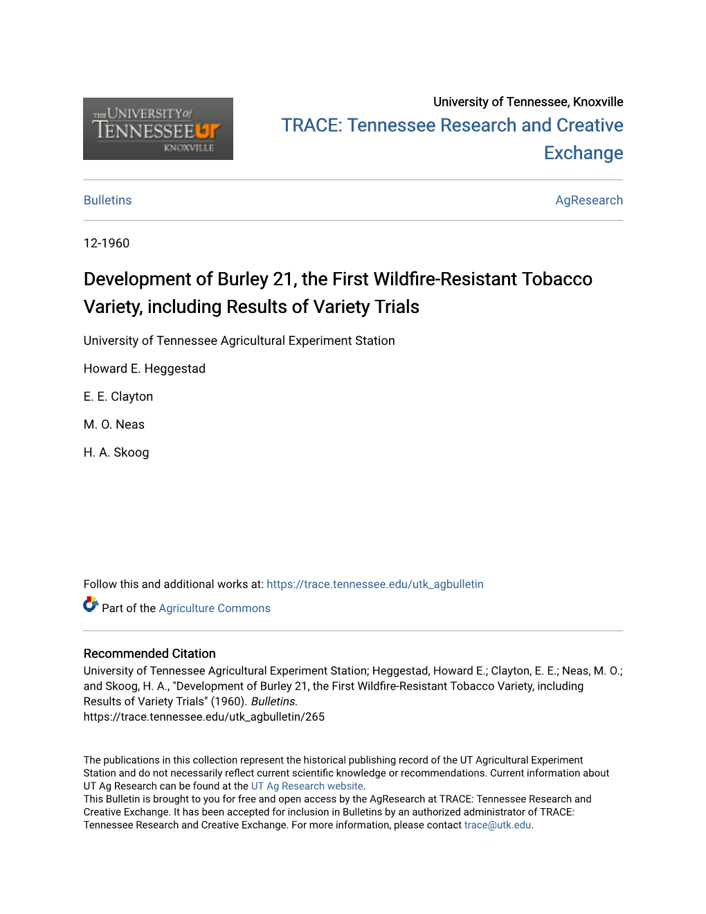 Development of Burley 21, the First Wildfire-Resistant Tobacco Variety, Including Results of Variety Trials