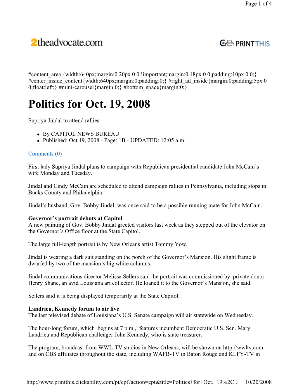 10.19.08 First Lady Supriya Jindal Plans to Campaign With