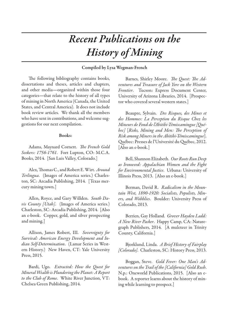 Recent Publications on the History of Mining