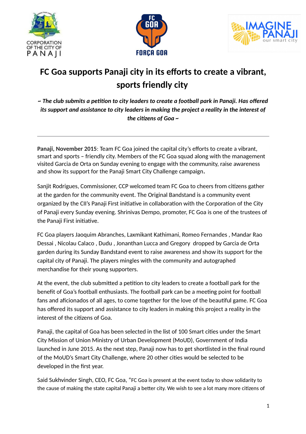 FC Goa Supports Panaji City in Its Efforts to Create a Vibrant, Sports Friendly City