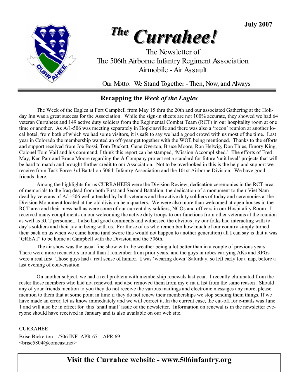 Currahee!Currahee! the Newsletter of the 506Th Airborne Infantry Regiment Association Airmobile - Air Assault Our Motto: We Stand Together - Then, Now, and Always