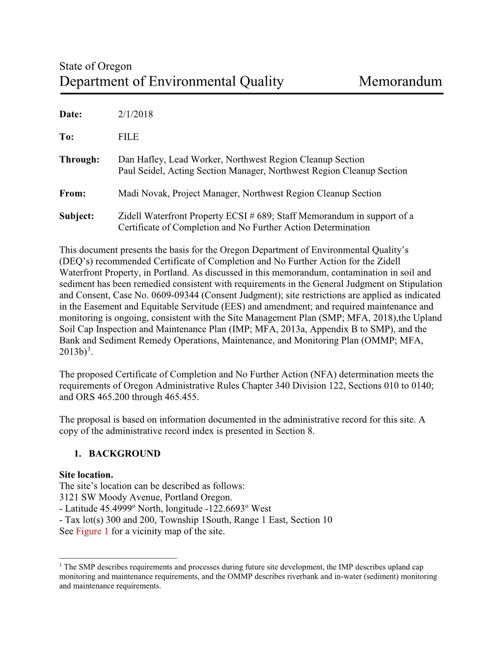 Department of Environmental Quality Memorandum