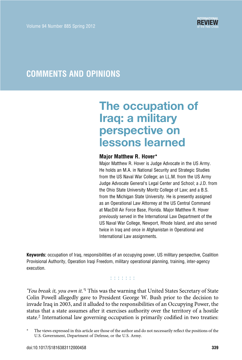 The Occupation of Iraq: a Military Perspective on Lessons Learned Major Matthew R