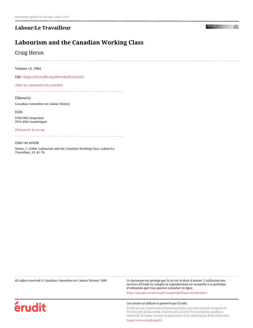 Labourism and the Canadian Working Class Craig Heron