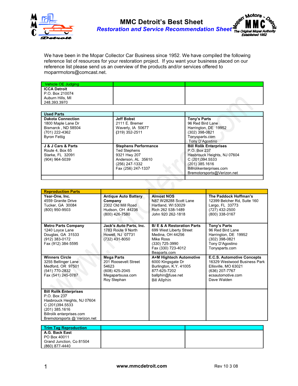 MMC Detroit Restoration and Service Recommendation Sheet