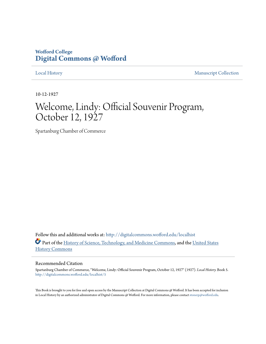 Welcome, Lindy: Official Souvenir Program, October 12, 1927 Spartanburg Chamber of Commerce