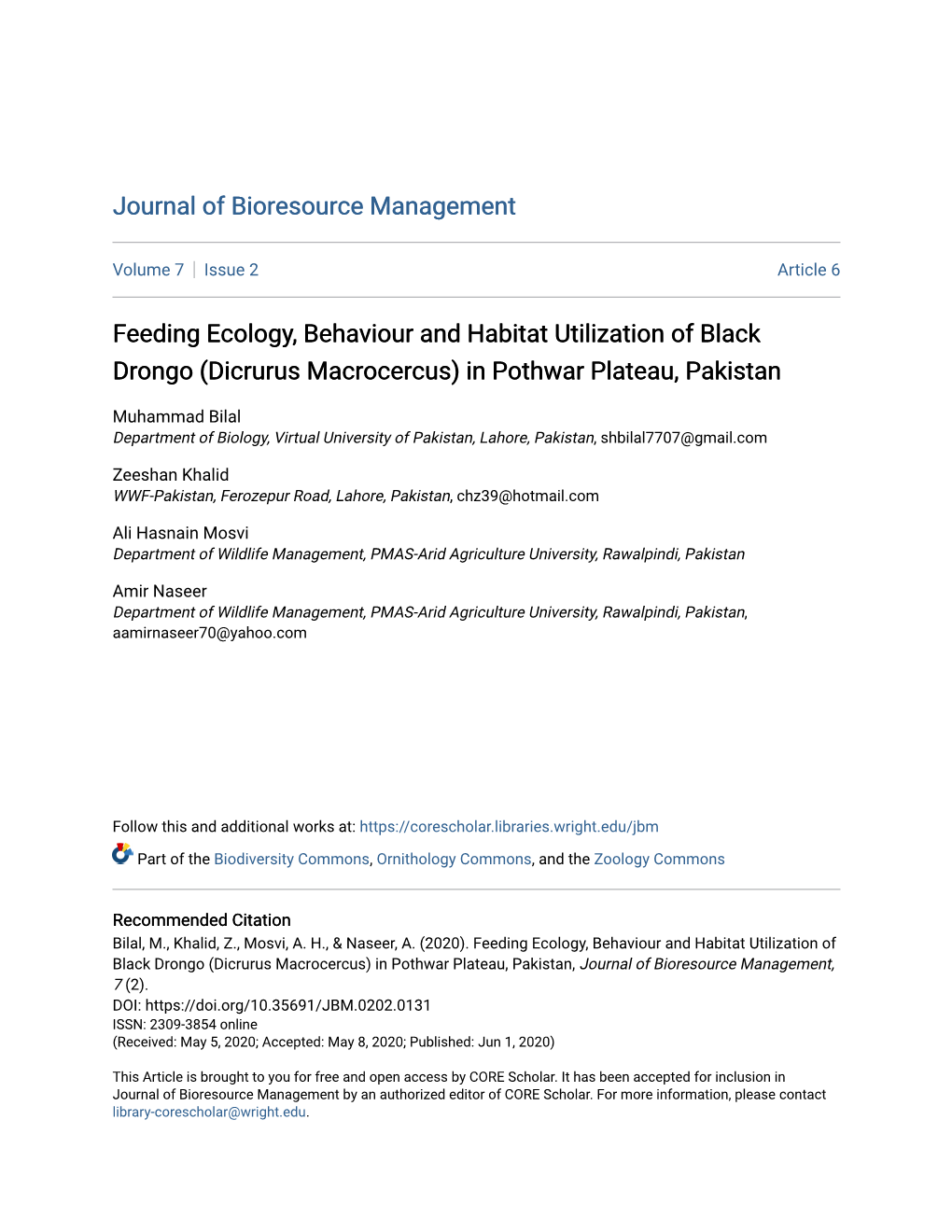 Feeding Ecology, Behaviour and Habitat Utilization of Black Drongo (Dicrurus Macrocercus) in Pothwar Plateau, Pakistan