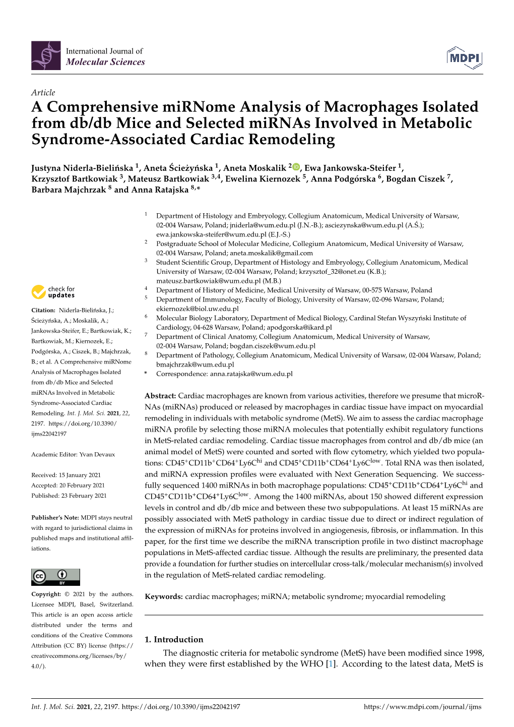 A Comprehensive Mirnome Analysis of Macrophages Isolated from Db/Db Mice and Selected Mirnas Involved in Metabolic Syndrome-Associated Cardiac Remodeling