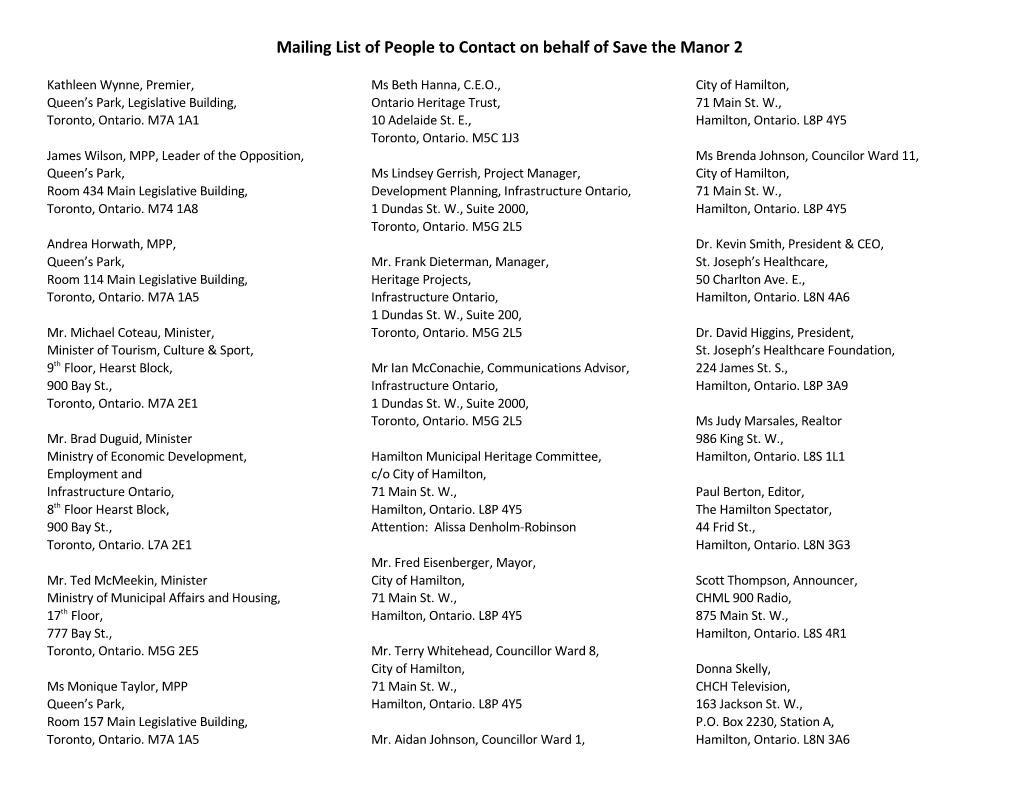 Mailing List of People to Contact on Behalf of Save the Manor 2