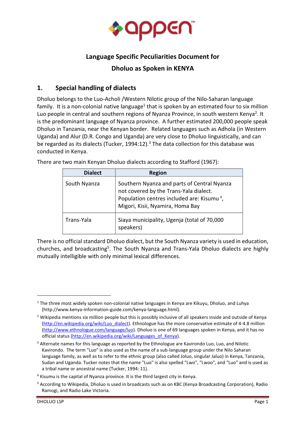 Language Specific Peculiarities Document for Dholuo As Spoken in KENYA