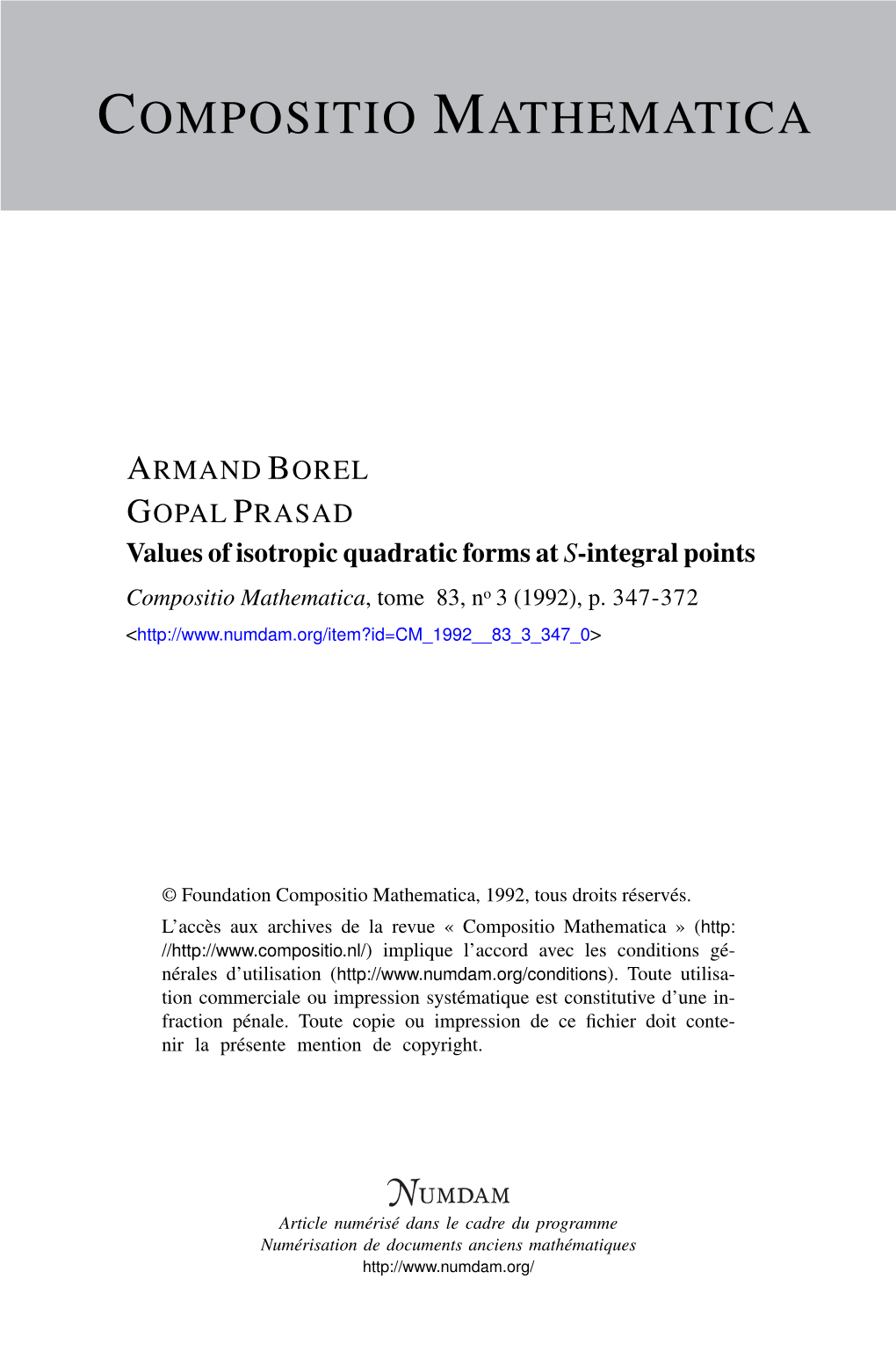 Values of Isotropic Quadratic Forms at S-Integral Points Compositio Mathematica, Tome 83, No 3 (1992), P