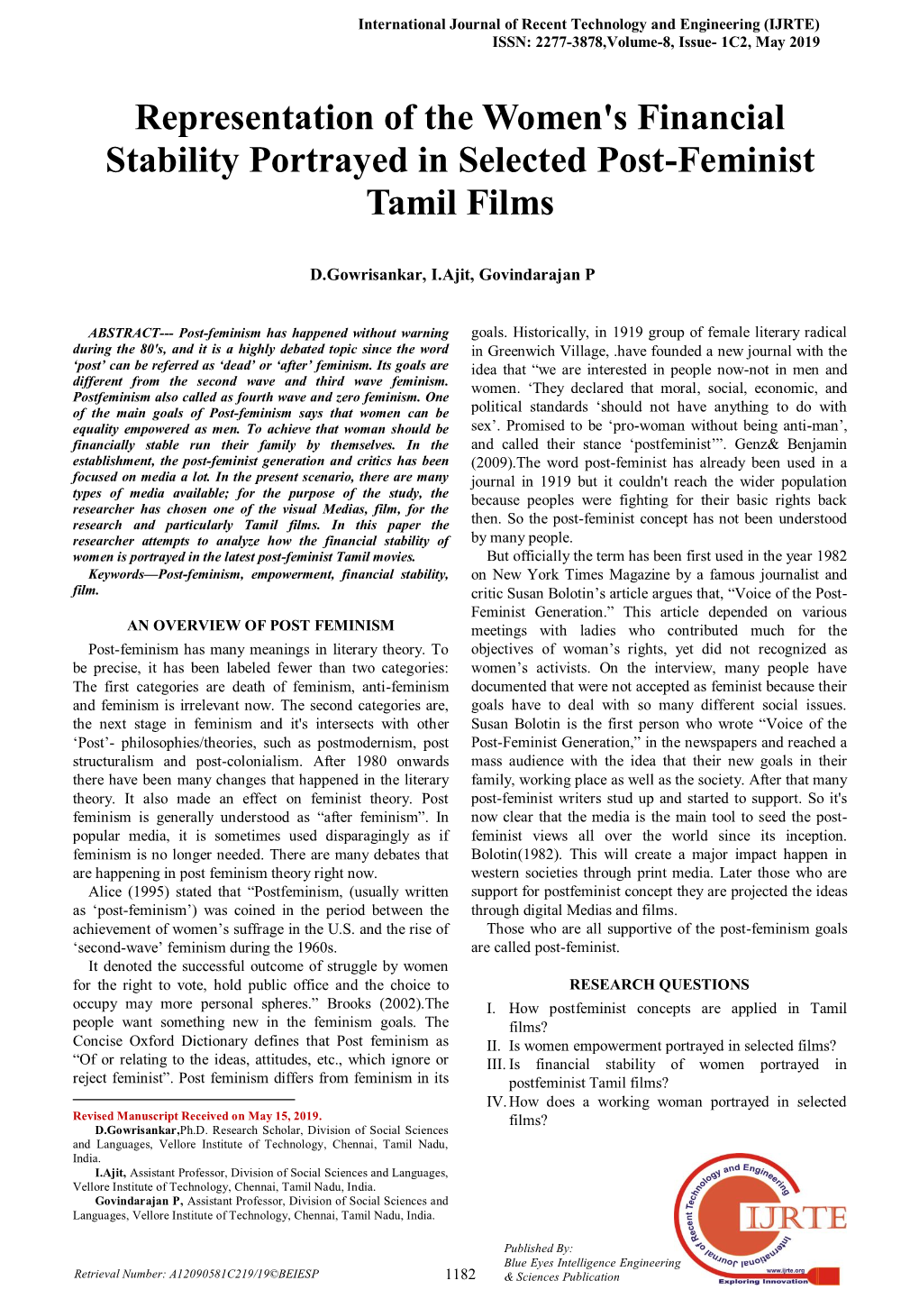 Representation of the Women's Financial Stability Portrayed in Selected Post-Feminist Tamil Films